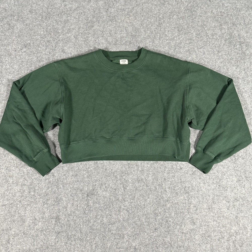 Cotton On Cropped Crewneck Sweatshirt M Green Solid Fleece Pullover